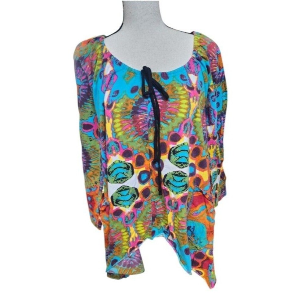 Aller Simplement Boho Colorful Blouse Size XL Front Pockets Drawstring Neck